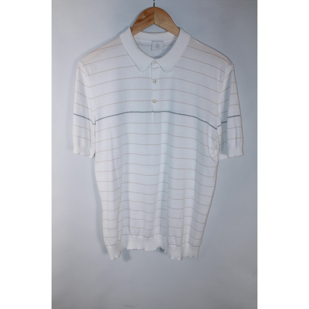Eleventy Men's Large White Striped Platinum Knit Short Sleeve Polo Shirt